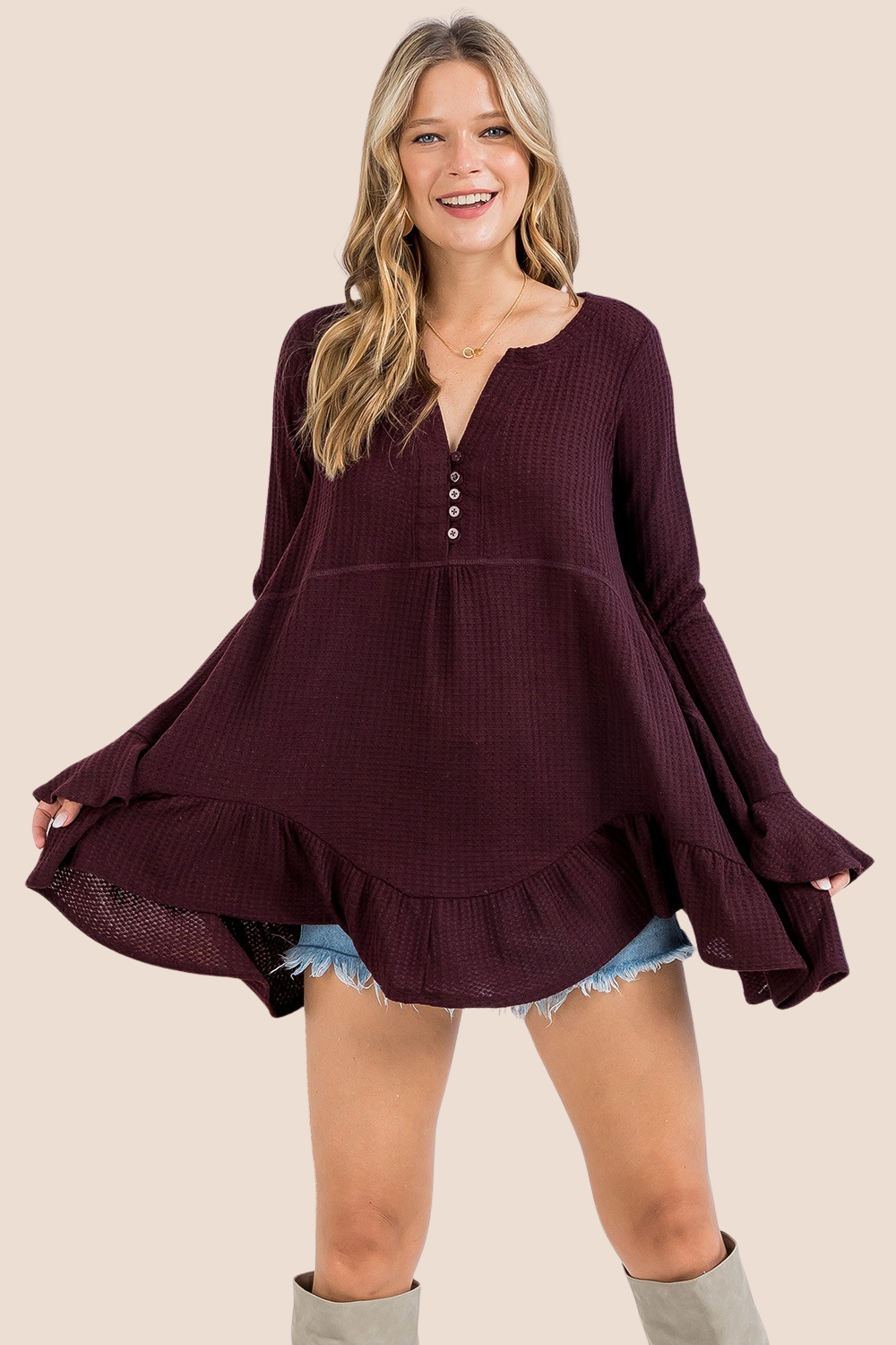 Collins Waffle Flare Long Sleeve Top