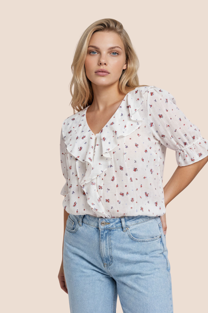 Charlene Floral Ruffled V-Neck Short Sleeve Top