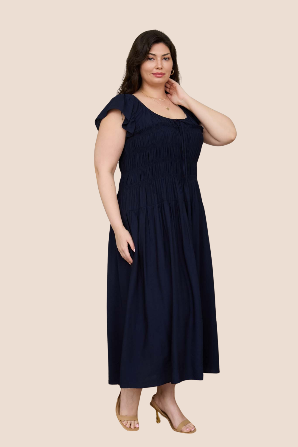Journee Shirred Bodice Ruffle Sleeve Midi Dress