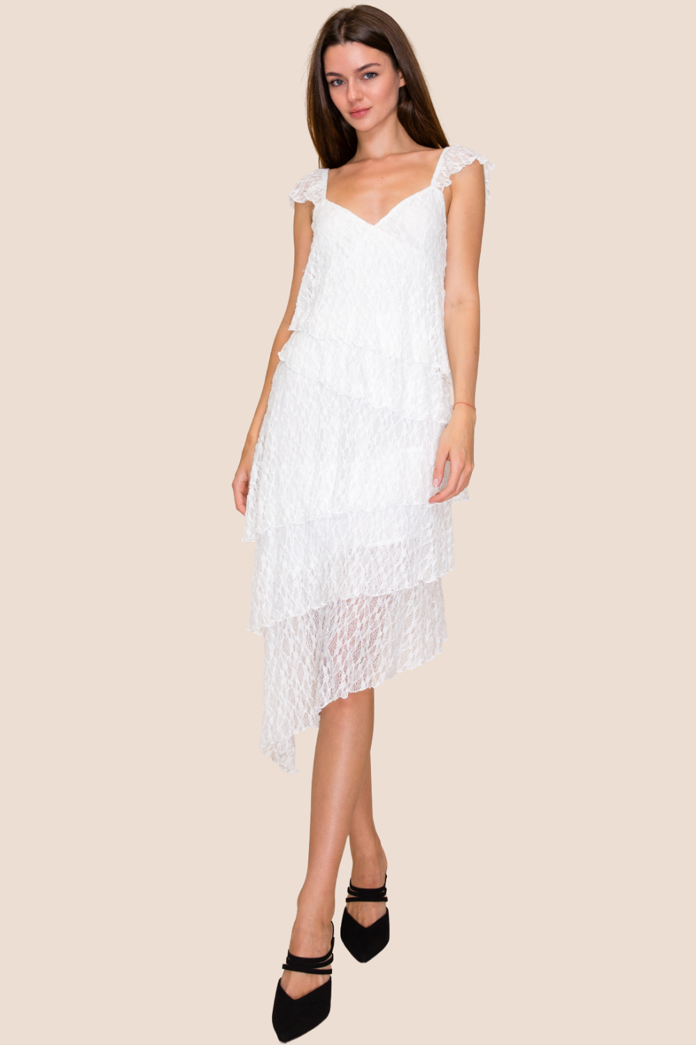Stevie Lace Asymmetrical Midi Dress with Cap Sleeves