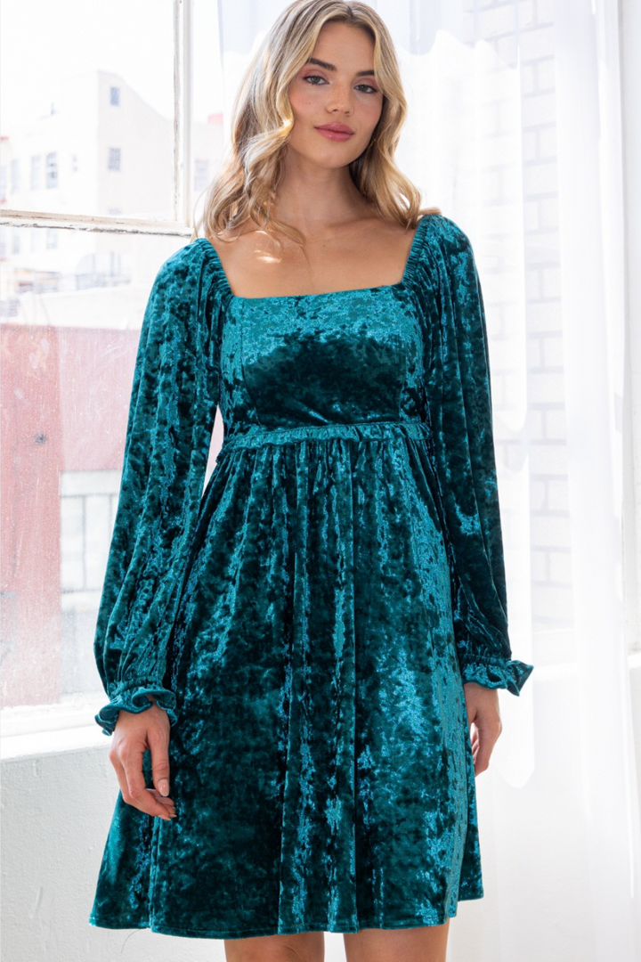 Quinn Velvet Babydoll Square Neckline Mini Dress in Teal (Online Exclusive)