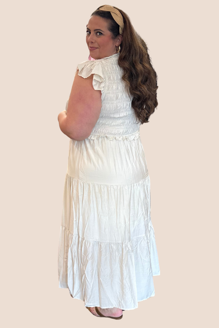 Demi Smocked Front Tie Ruffled Tiered Midi Dress