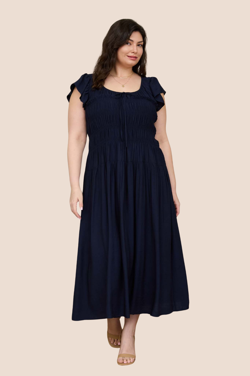 Journee Shirred Bodice Ruffle Sleeve Midi Dress