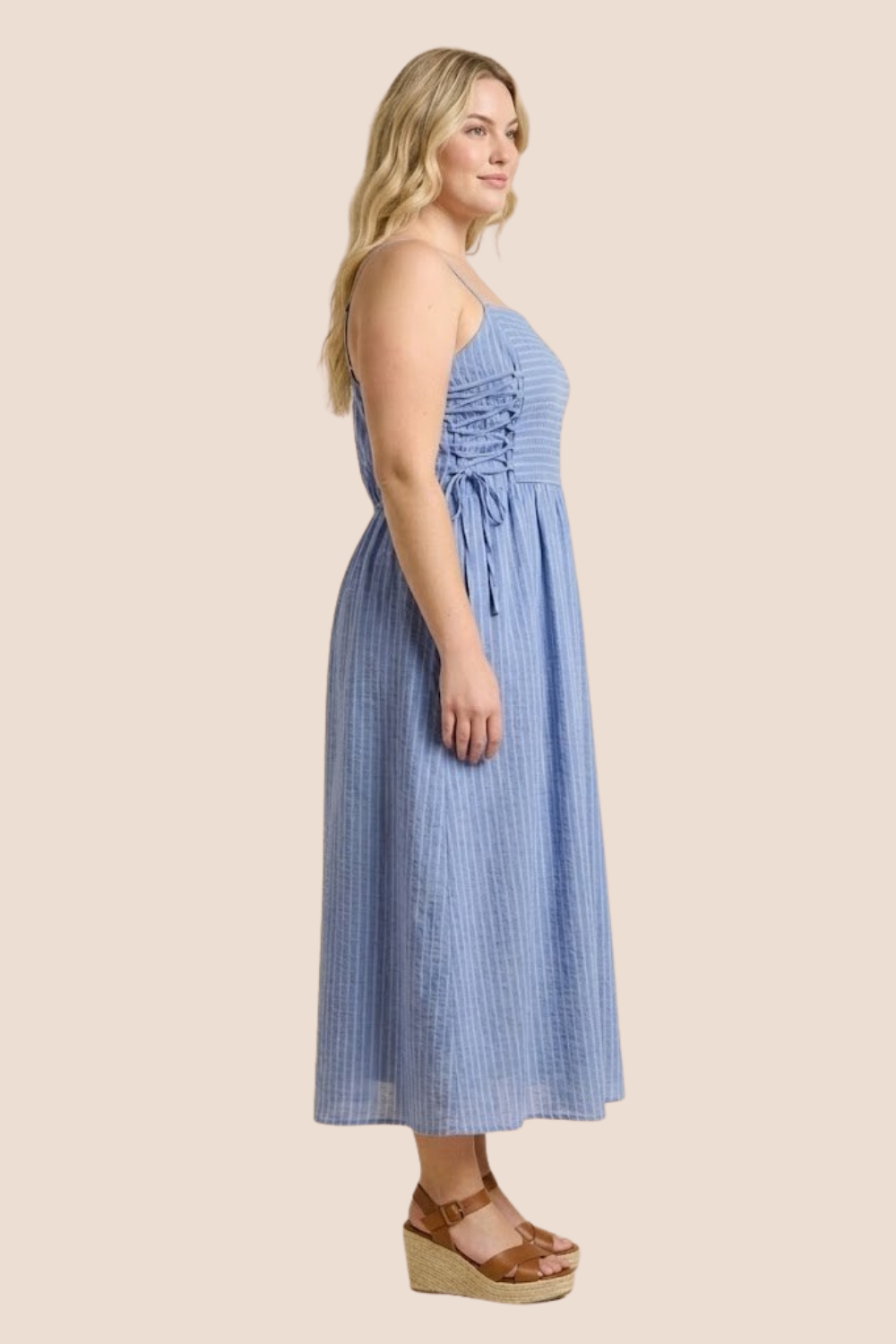 Elise Lace Up Tie Detail Striped Tank Midi Dress