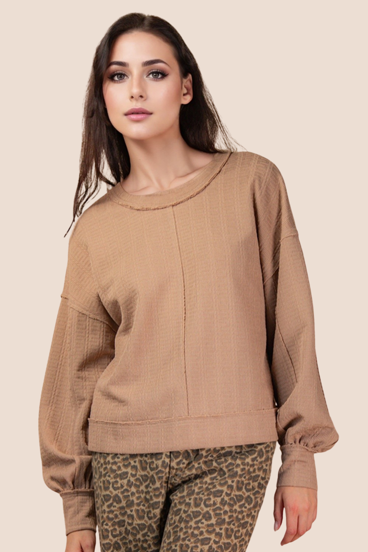Grace Raw Edge Detail Oversized Textured Knit Long Sleeve Top