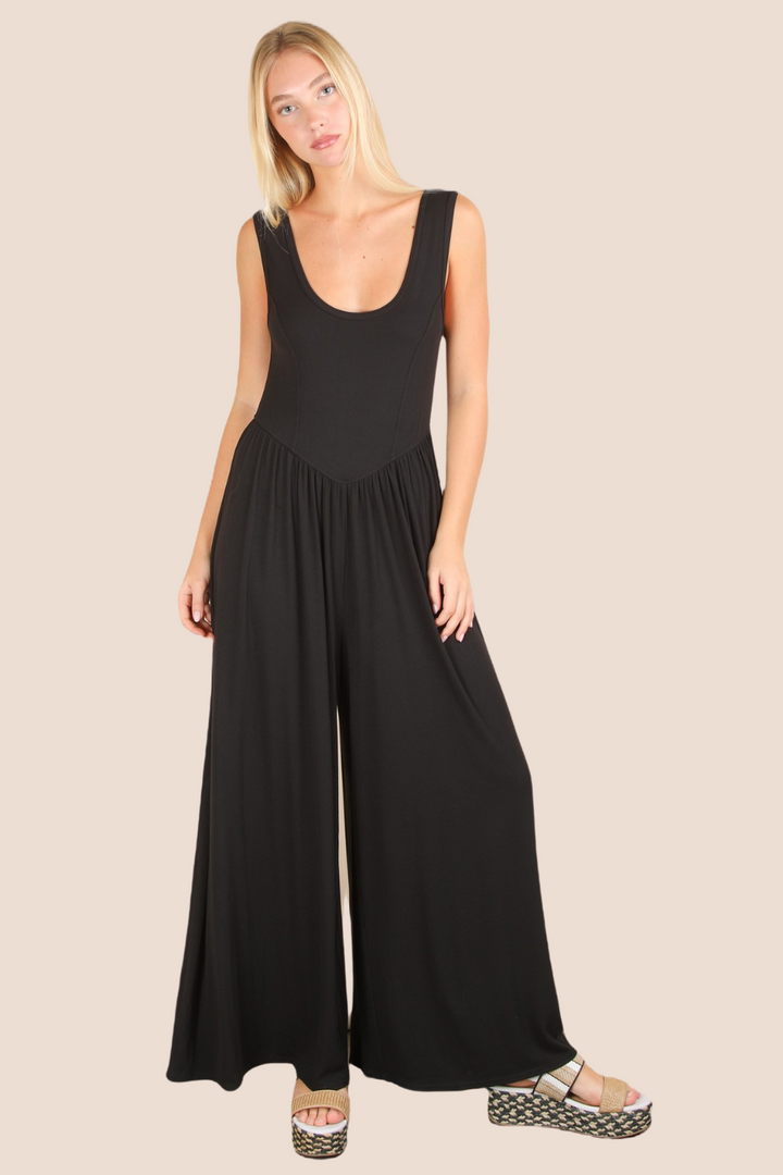 Kayla Crinkled Knit Sleeveless Jumpsuit in Black