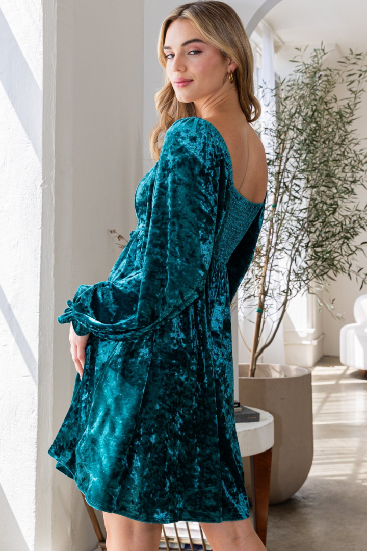 Quinn Velvet Babydoll Square Neckline Mini Dress in Teal (Online Exclusive)