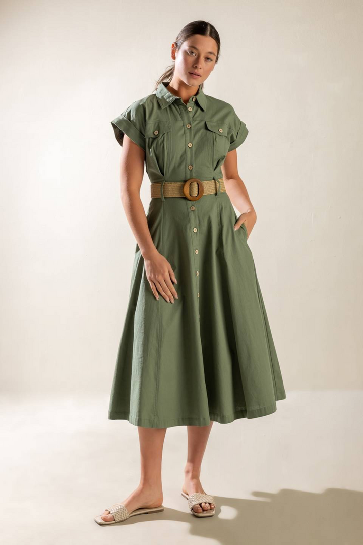 Winona Midi Dress with Belt in Olive