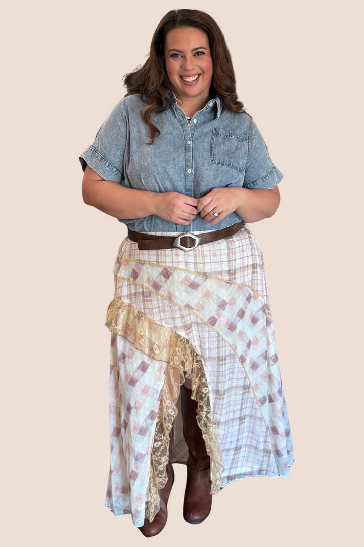 Hattie Mixed Pattern Midi Skirt with Side Slit