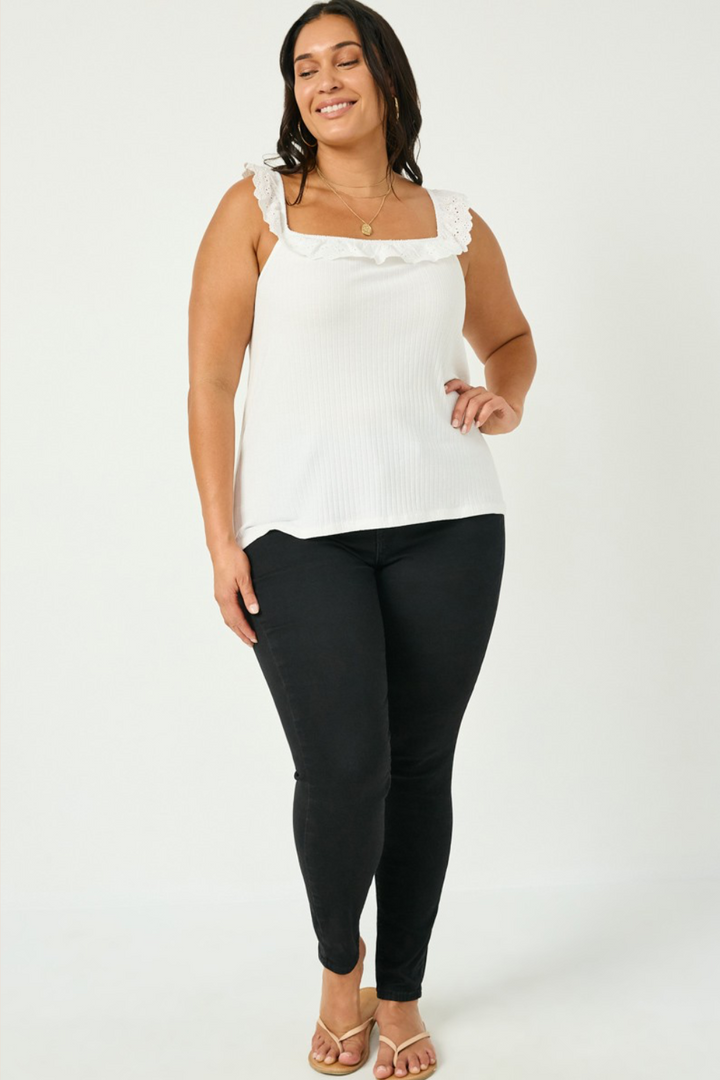 Aspen Ribbed Knit Ruffle Lace Trim Tank in Off White