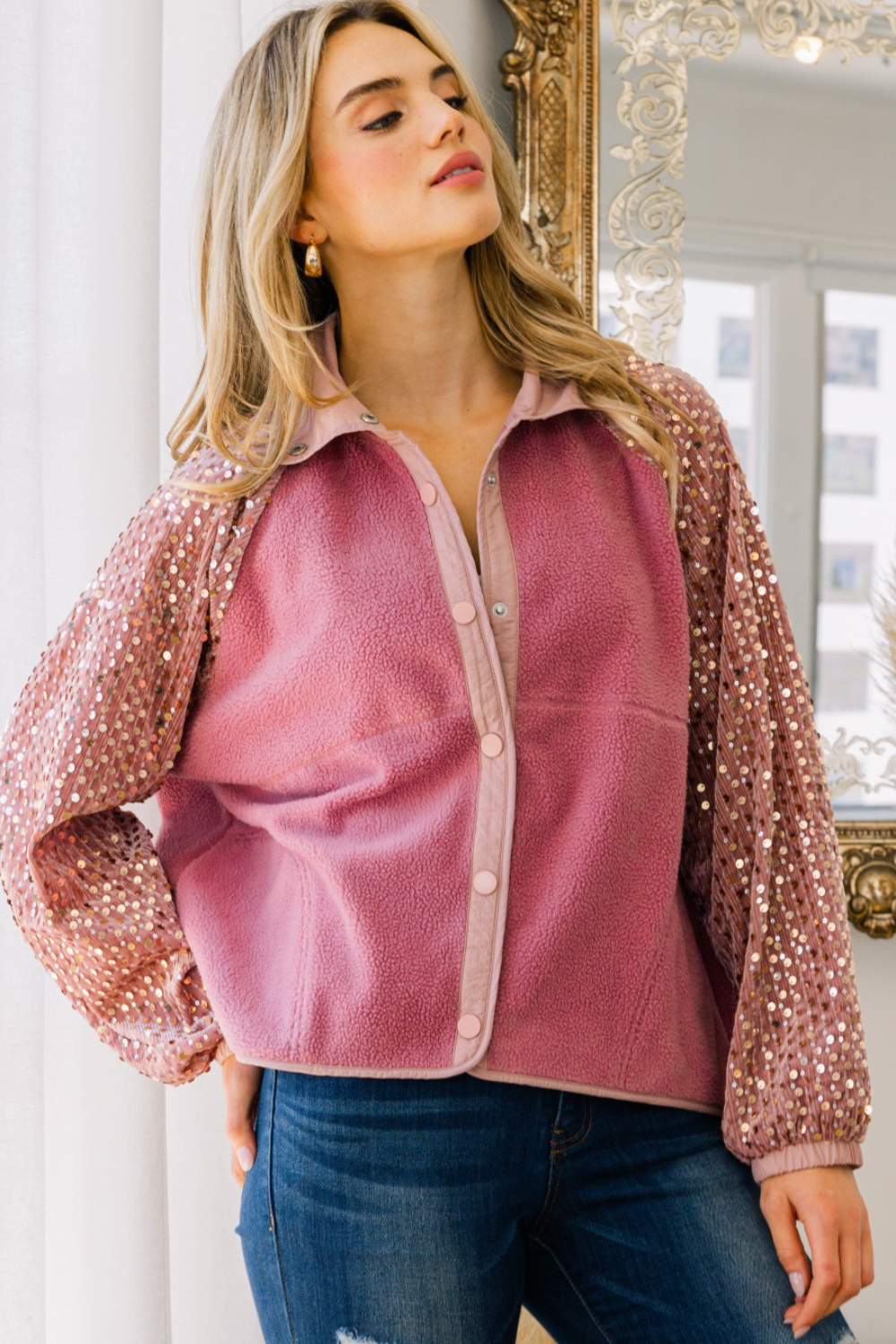 Kristen Fleece Jacket with Sequin Sleeves in Dusty Rose (Online Exclusive)
