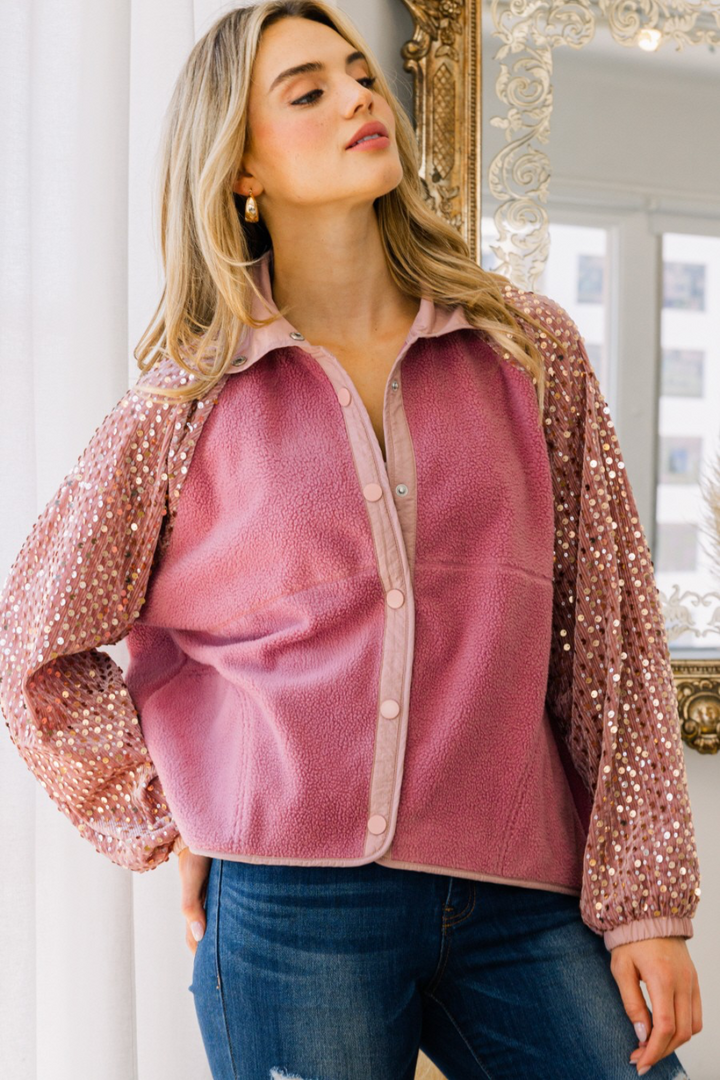 Kristen Fleece Jacket with Sequin Sleeves in Dusty Rose (Online Exclusive)