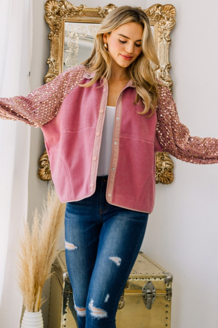 Kristen Fleece Jacket with Sequin Sleeves in Dusty Rose (Online Exclusive)