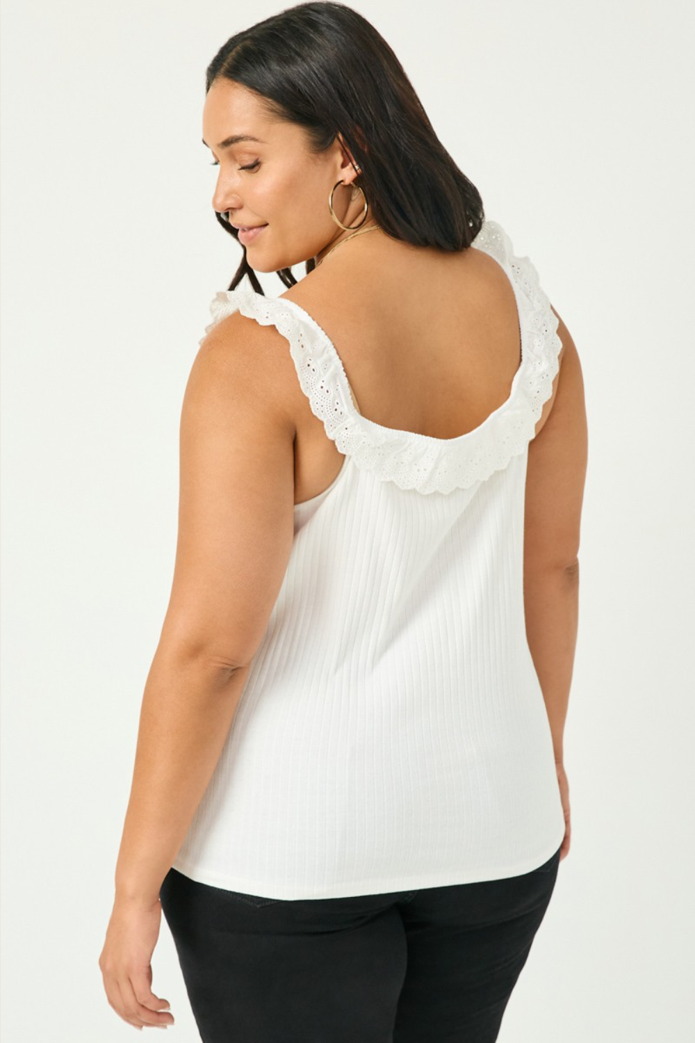 Aspen Ribbed Knit Ruffle Lace Trim Tank in Off White