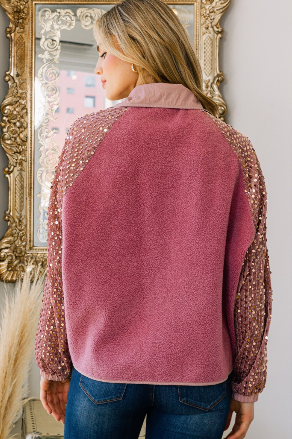 Kristen Fleece Jacket with Sequin Sleeves in Dusty Rose (Online Exclusive)