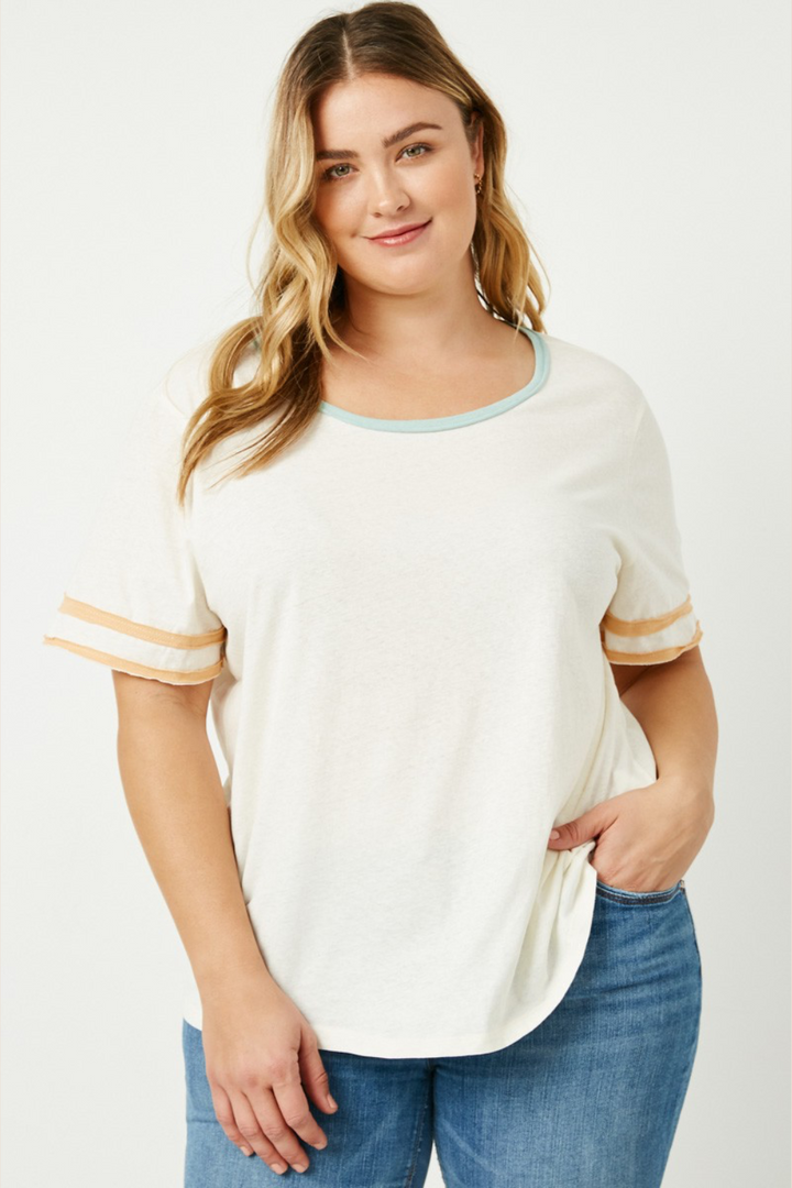 Astrid Stripe Sleeve Knit Tee in Off White