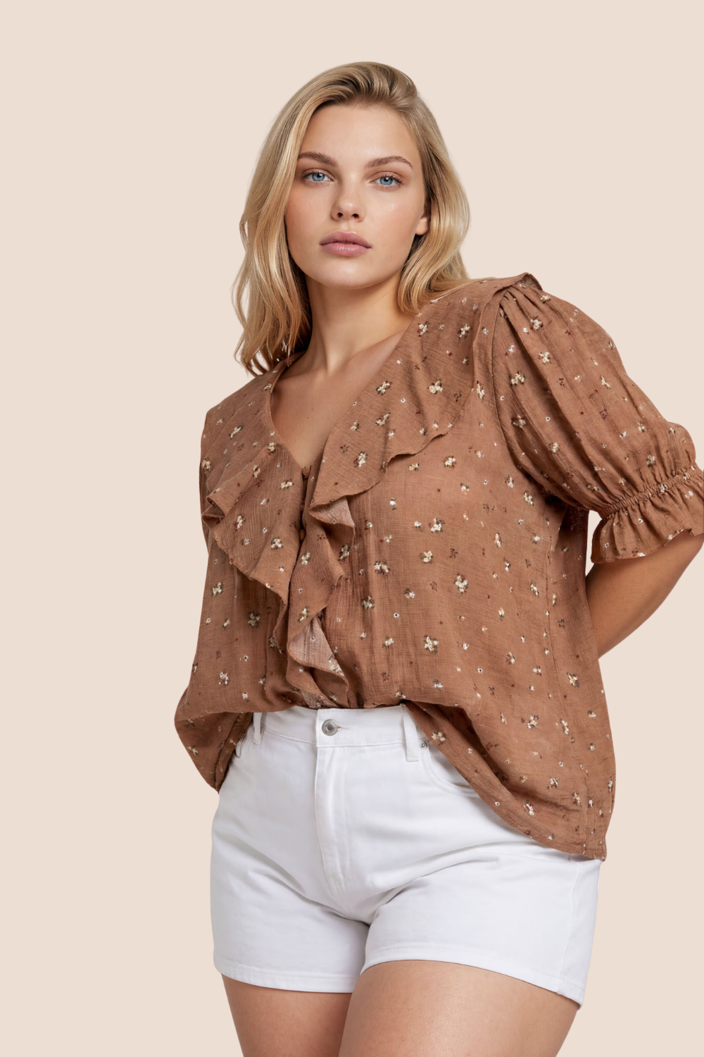Charlene Floral Ruffled V-Neck Short Sleeve Top