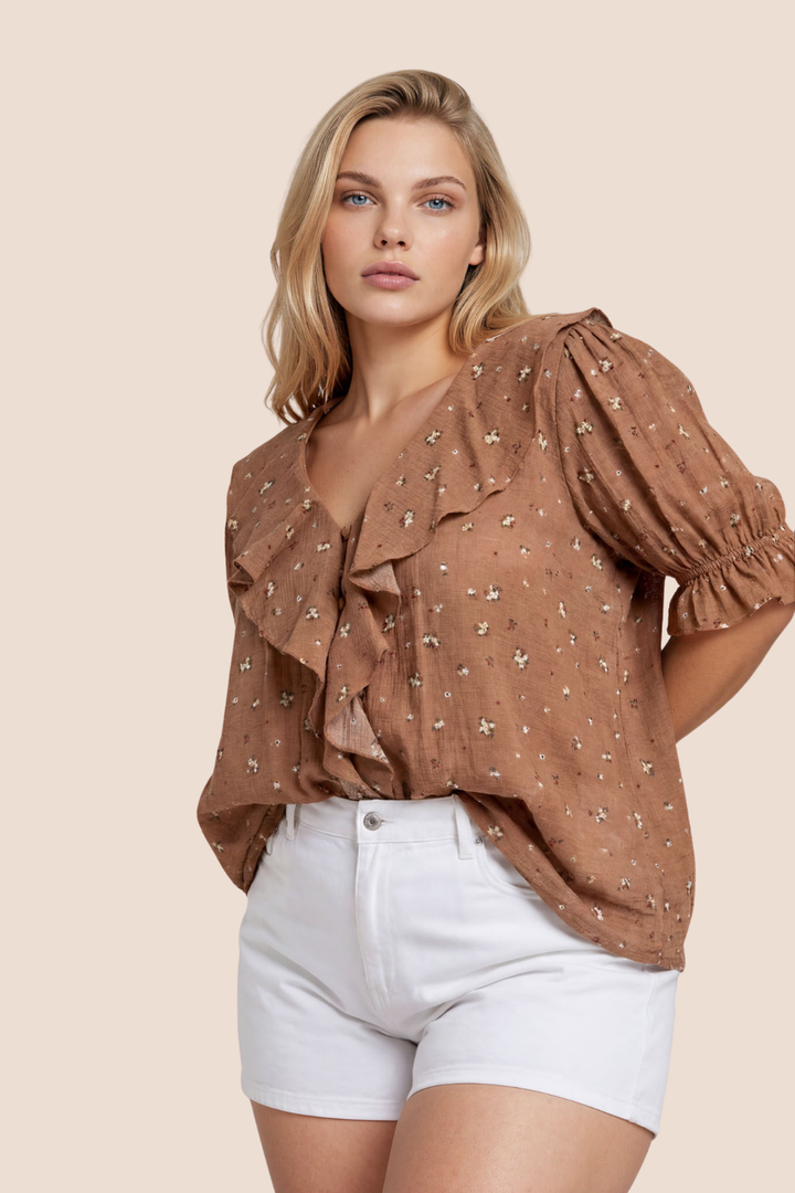 Charlene Floral Ruffled V-Neck Short Sleeve Top