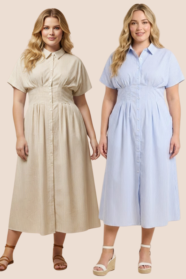 Willa Button Down Pintucked Waist Midi Dress