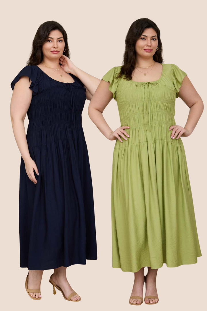 Journee Shirred Bodice Ruffle Sleeve Midi Dress