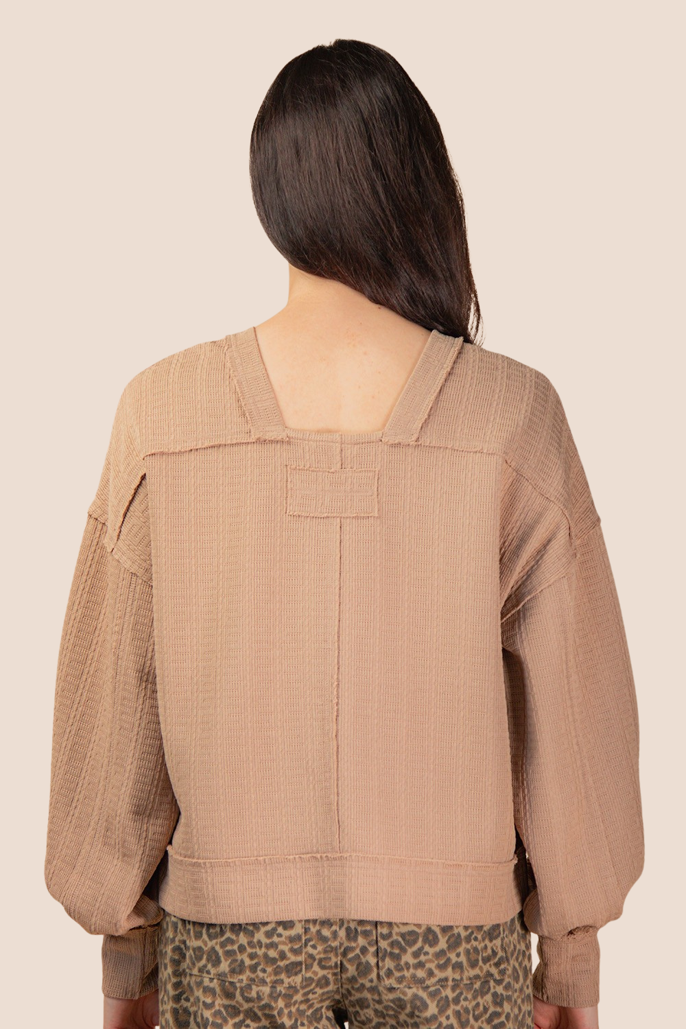 Grace Raw Edge Detail Oversized Textured Knit Long Sleeve Top