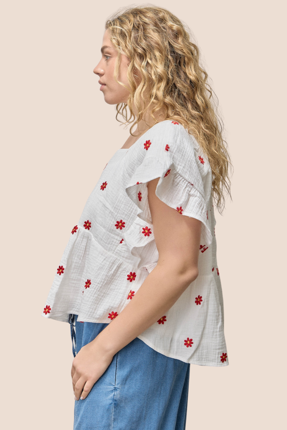 Parker Flower Embroidered Square Neck Short Sleeve Top