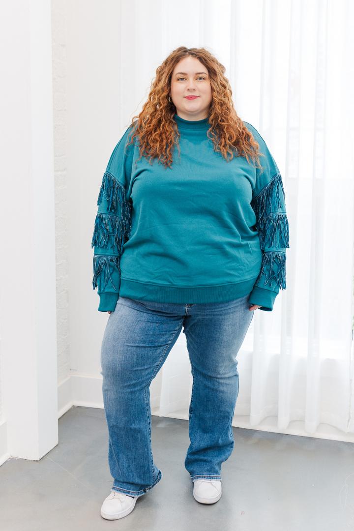 Hannah Studded Fringe Sleeve Sweatshirt in Teal (Online Exclusive)