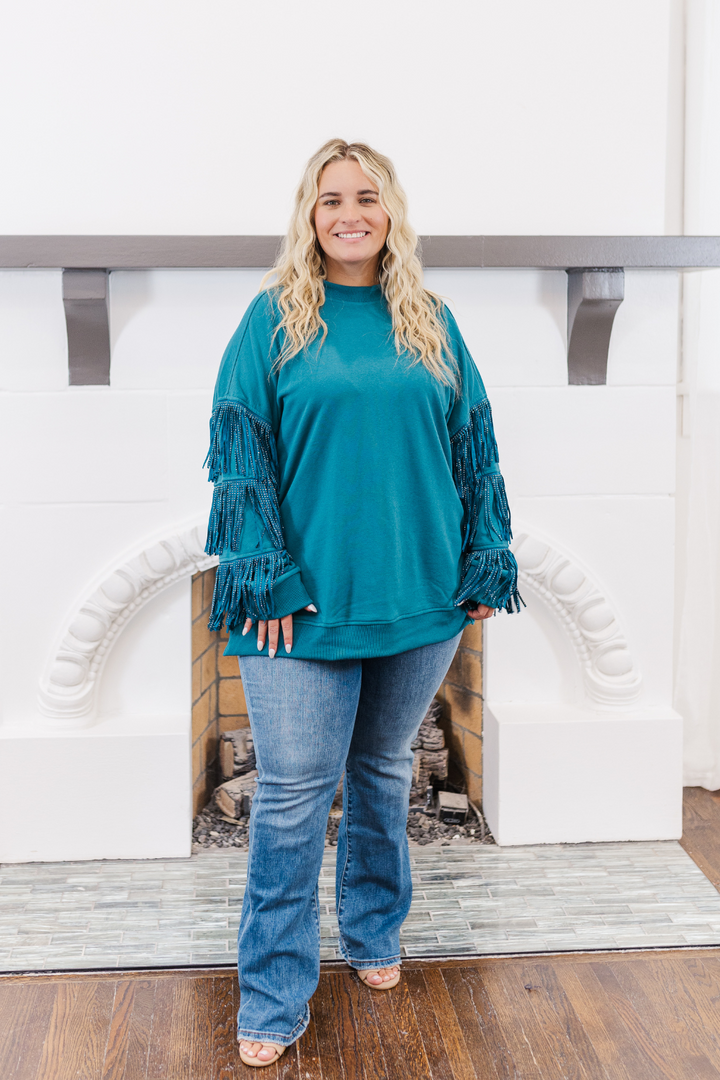 Hannah Studded Fringe Sleeve Sweatshirt in Teal (Online Exclusive)
