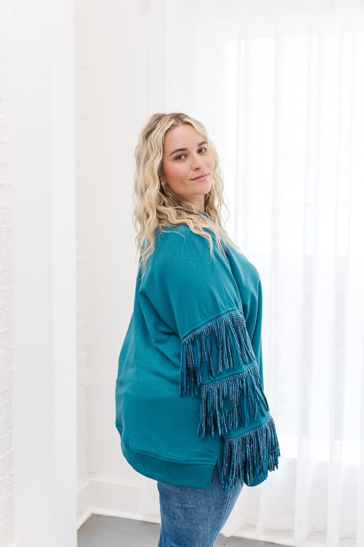 Hannah Studded Fringe Sleeve Sweatshirt in Teal (Online Exclusive)