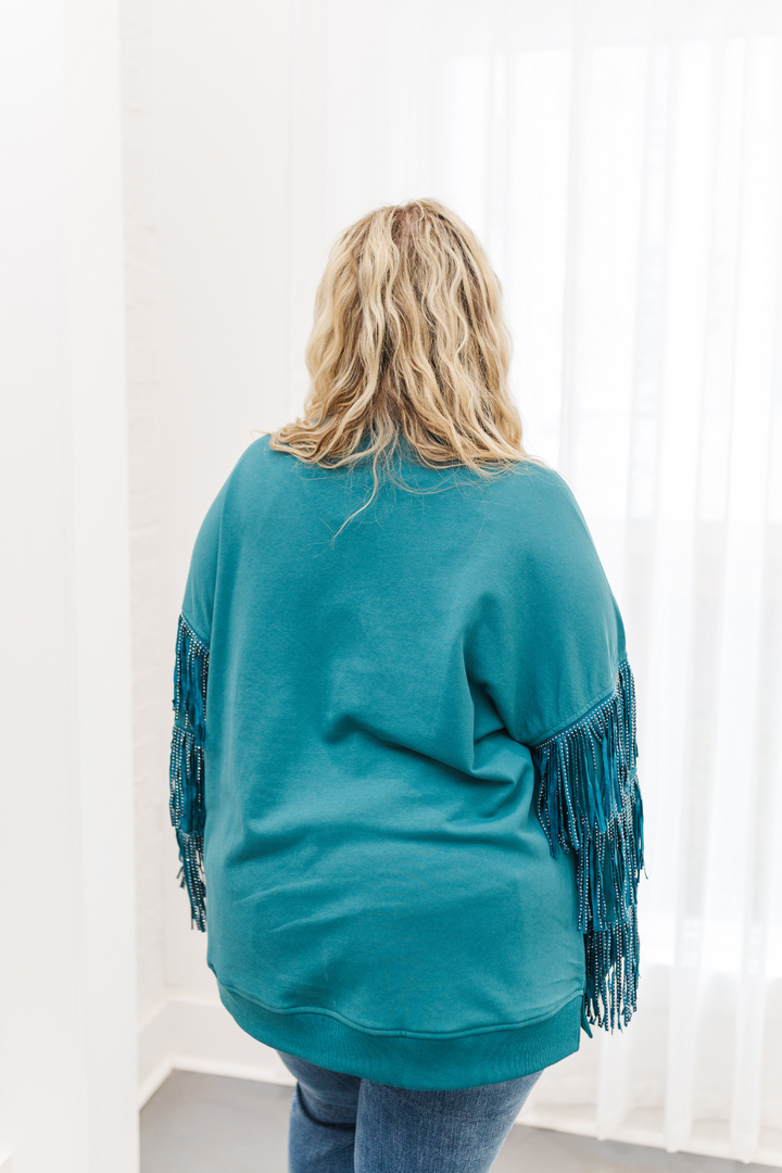 Hannah Studded Fringe Sleeve Sweatshirt in Teal (Online Exclusive)