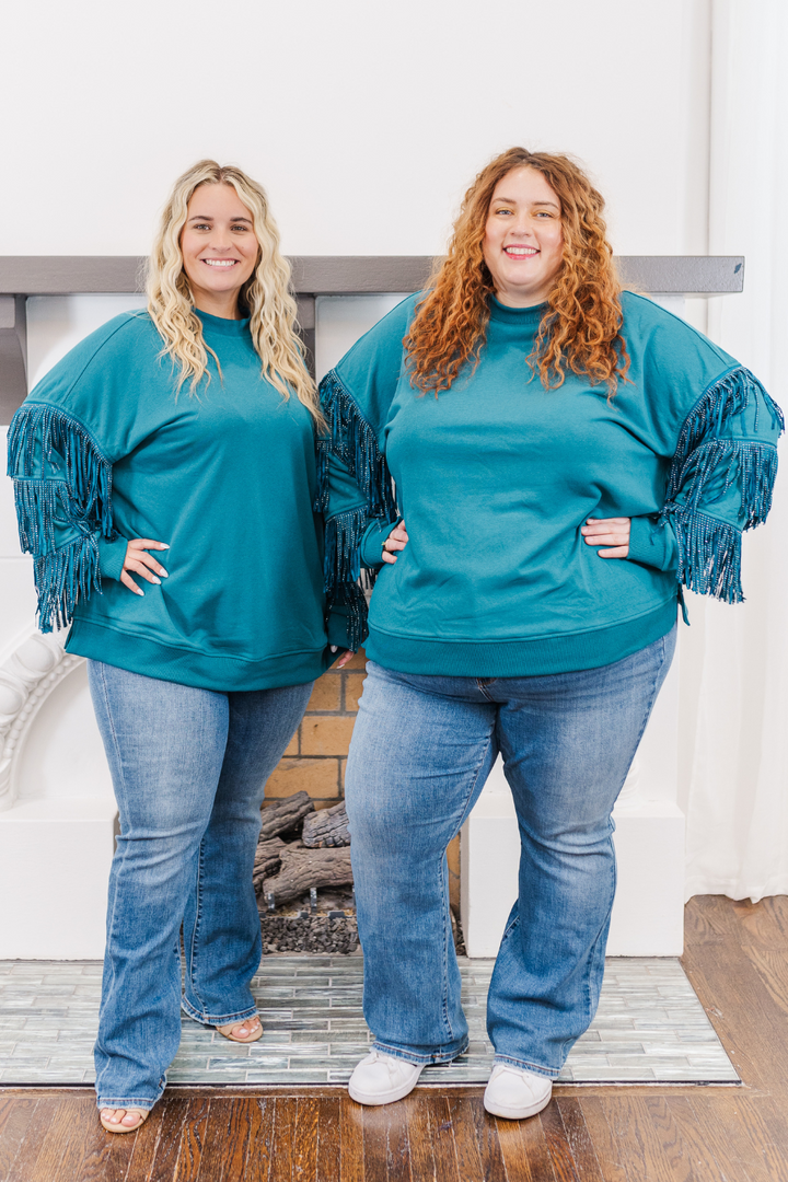 Hannah Studded Fringe Sleeve Sweatshirt in Teal (Online Exclusive)