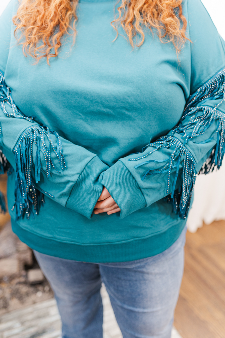 Hannah Studded Fringe Sleeve Sweatshirt in Teal (Online Exclusive)