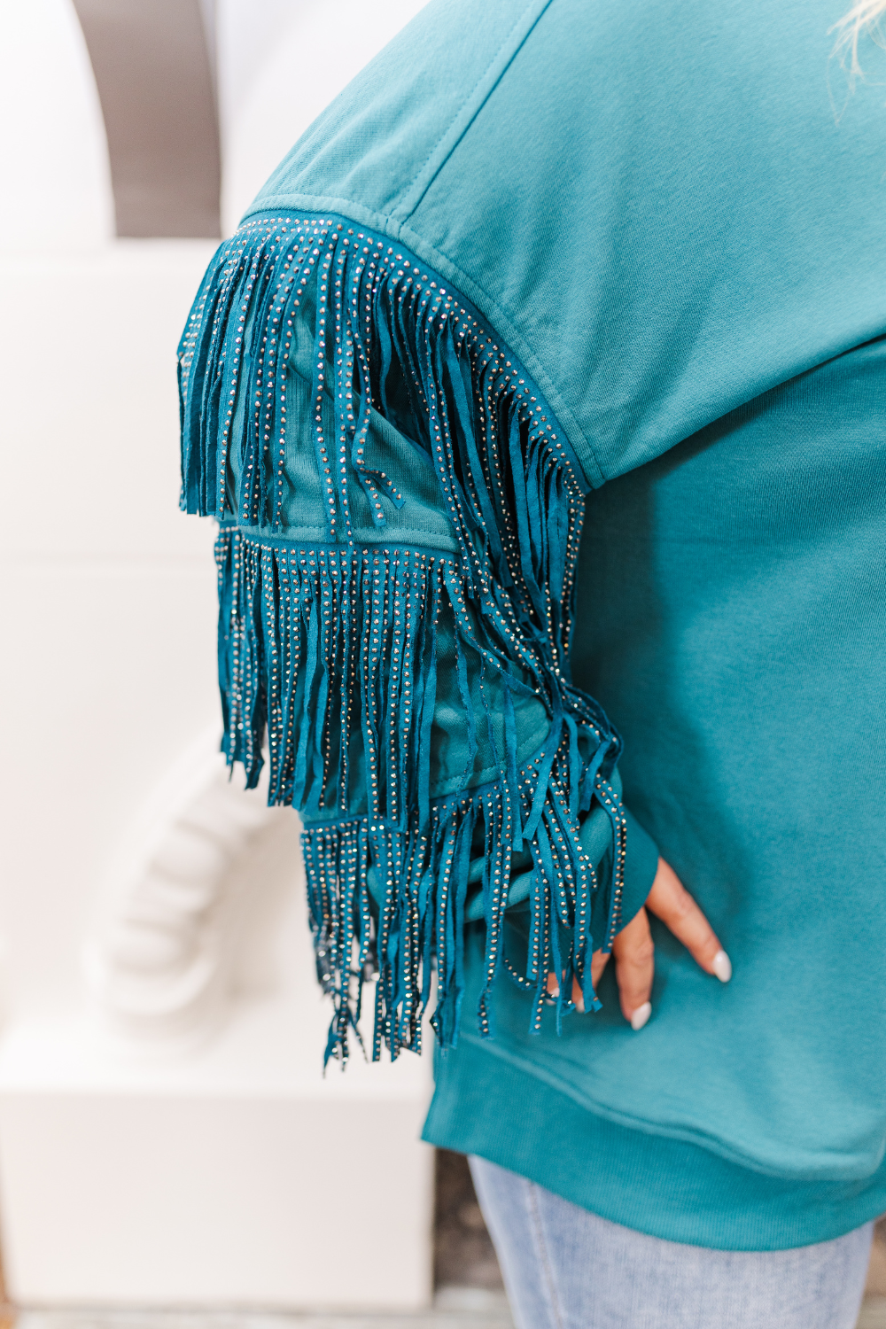 Hannah Studded Fringe Sleeve Sweatshirt in Teal (Online Exclusive)