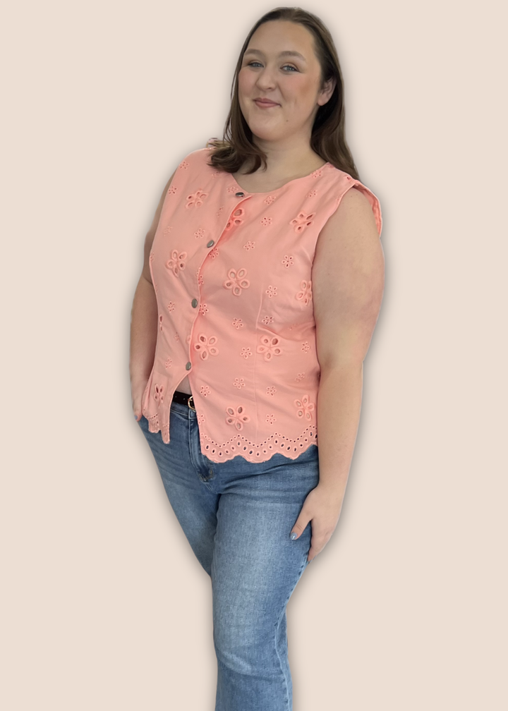 Lucille Eyelet Button Up Sleeveless Top