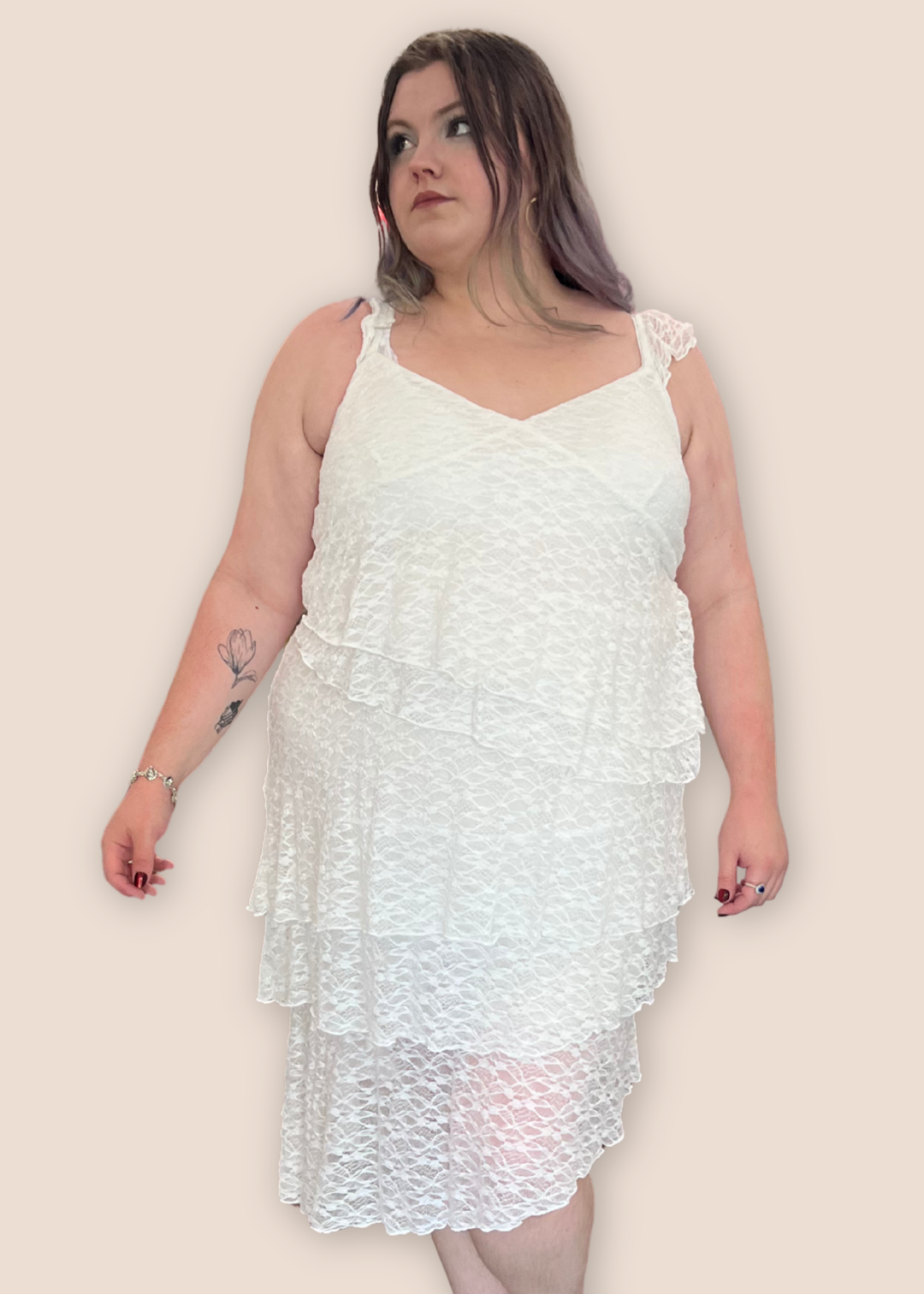 Stevie Lace Asymmetrical Midi Dress with Cap Sleeves