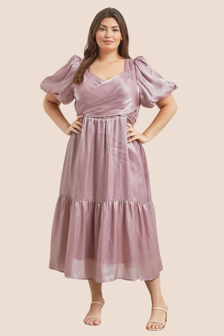 Serenity Sweetheart Neckline Wrap Tiered Puff Sleeve Midi Dress