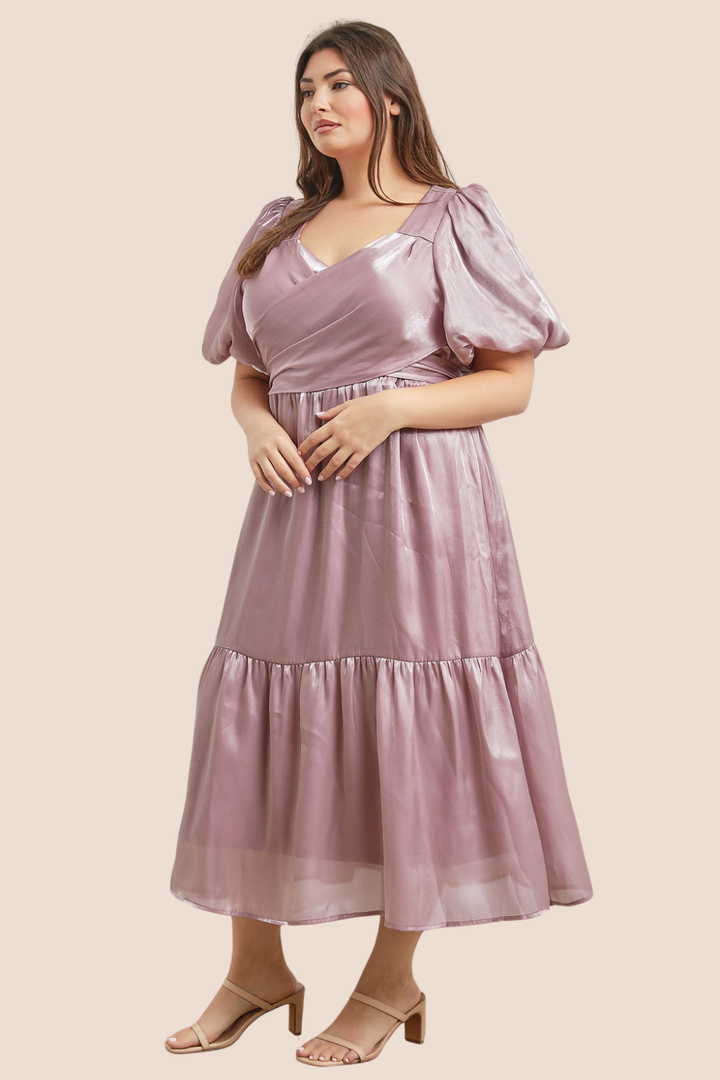 Serenity Sweetheart Neckline Wrap Tiered Puff Sleeve Midi Dress