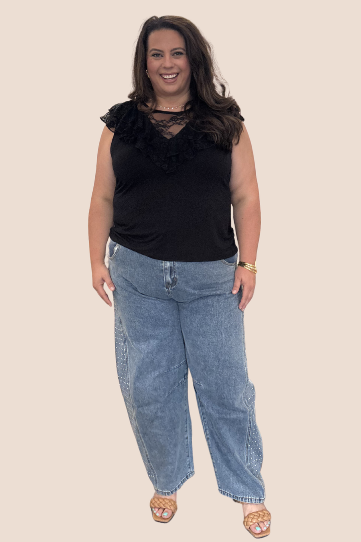 Laila Mid Rise Barrel Jean with Rhinestone Detailing