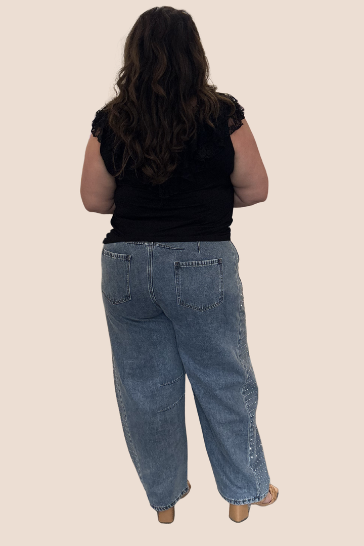 Laila Mid Rise Barrel Jean with Rhinestone Detailing