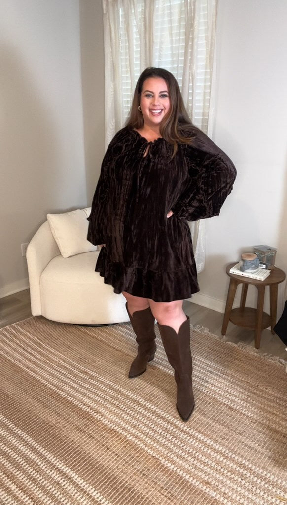 Kylie Crushed Velvet Dress in Dark Brown (Online Exclusive)