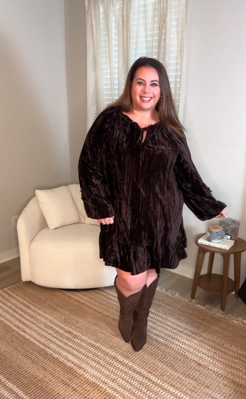 Kylie Crushed Velvet Dress in Dark Brown (Online Exclusive)