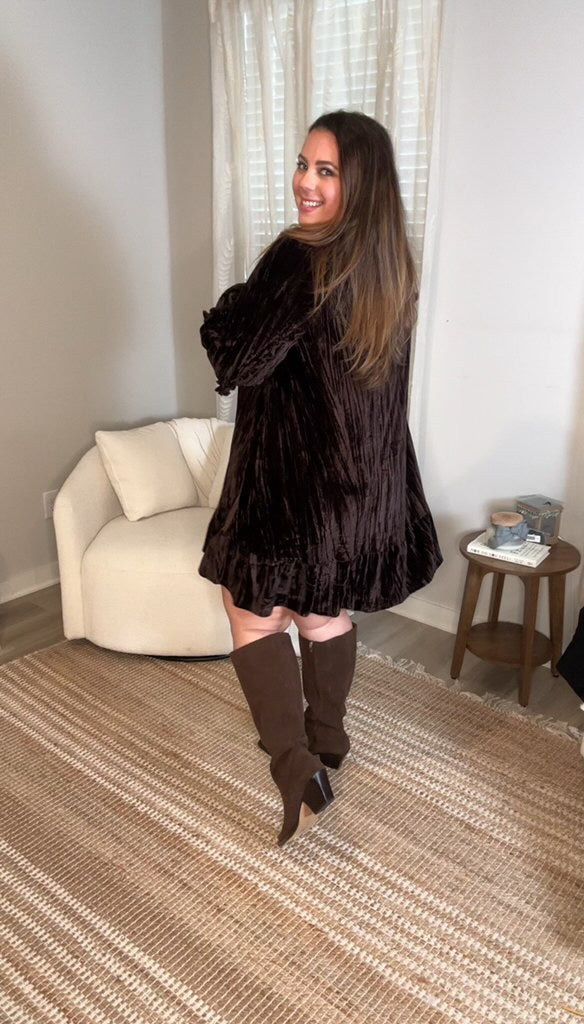 Kylie Crushed Velvet Dress in Dark Brown (Online Exclusive)