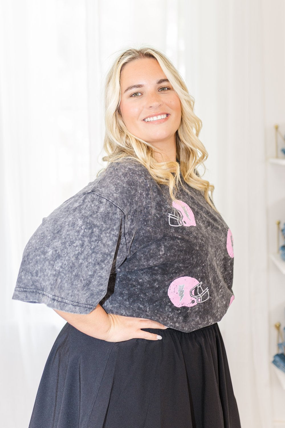 Dakota Graphic Glitter Football Tee T-Shirt in Charcoal and Pink - FINAL SALE
