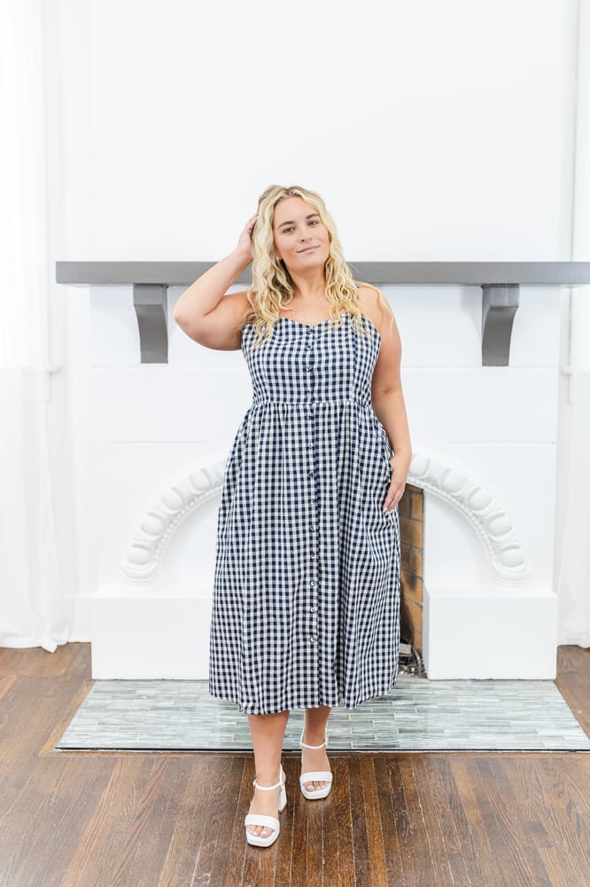 Madison Gingham Midi Dress in Navy Blue - FINAL SALE