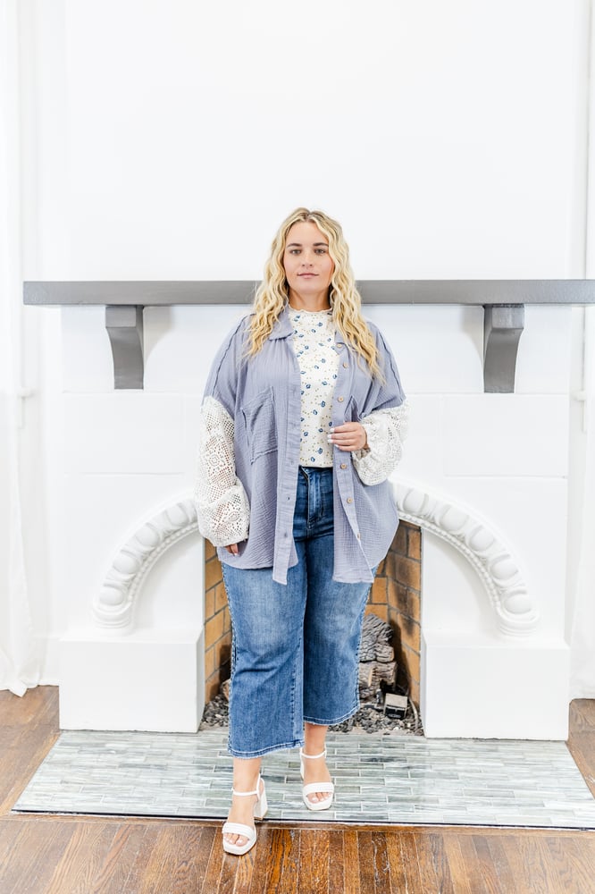 Lily Button Down Shirt With Crochet Sleeves in Blue