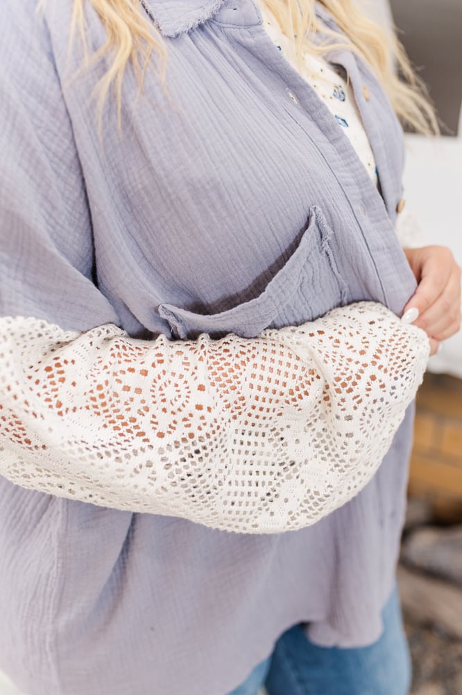 Lily Button Down Shirt With Crochet Sleeves in Blue