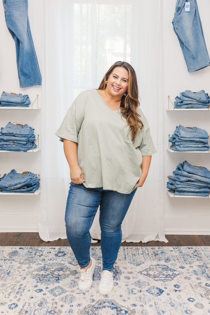 Lila Oversized Front Pocket Raw Edge Boyfriend Tee in Light Sage
