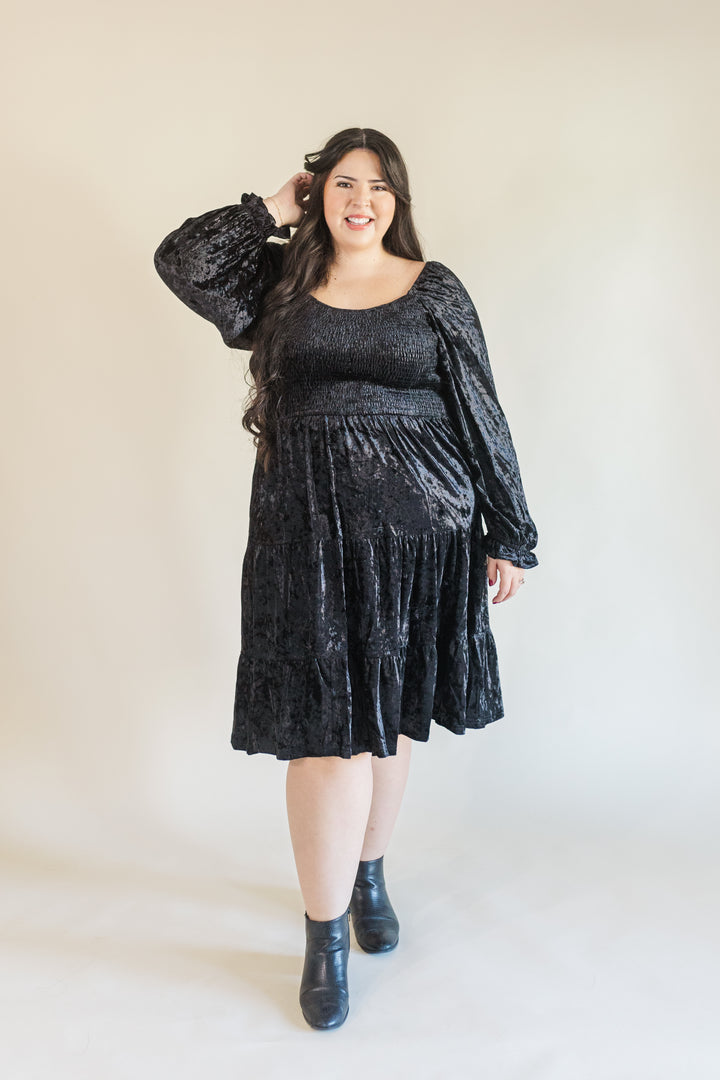 Emery Smocked Bodice Tiered Velvet Mini Dress (Online Exclusive)