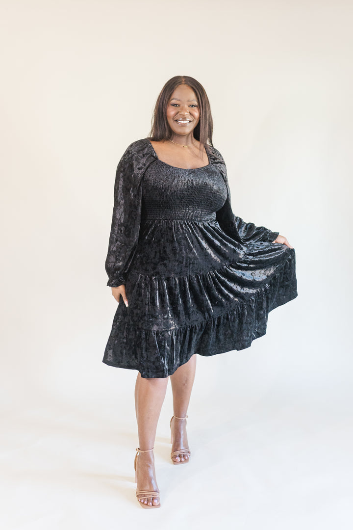 Emery Smocked Bodice Tiered Velvet Mini Dress (Online Exclusive)
