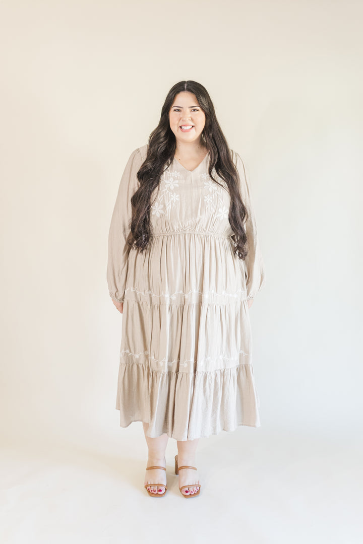 Allie Long Sleeve Embroidered Midi Dress in Beige